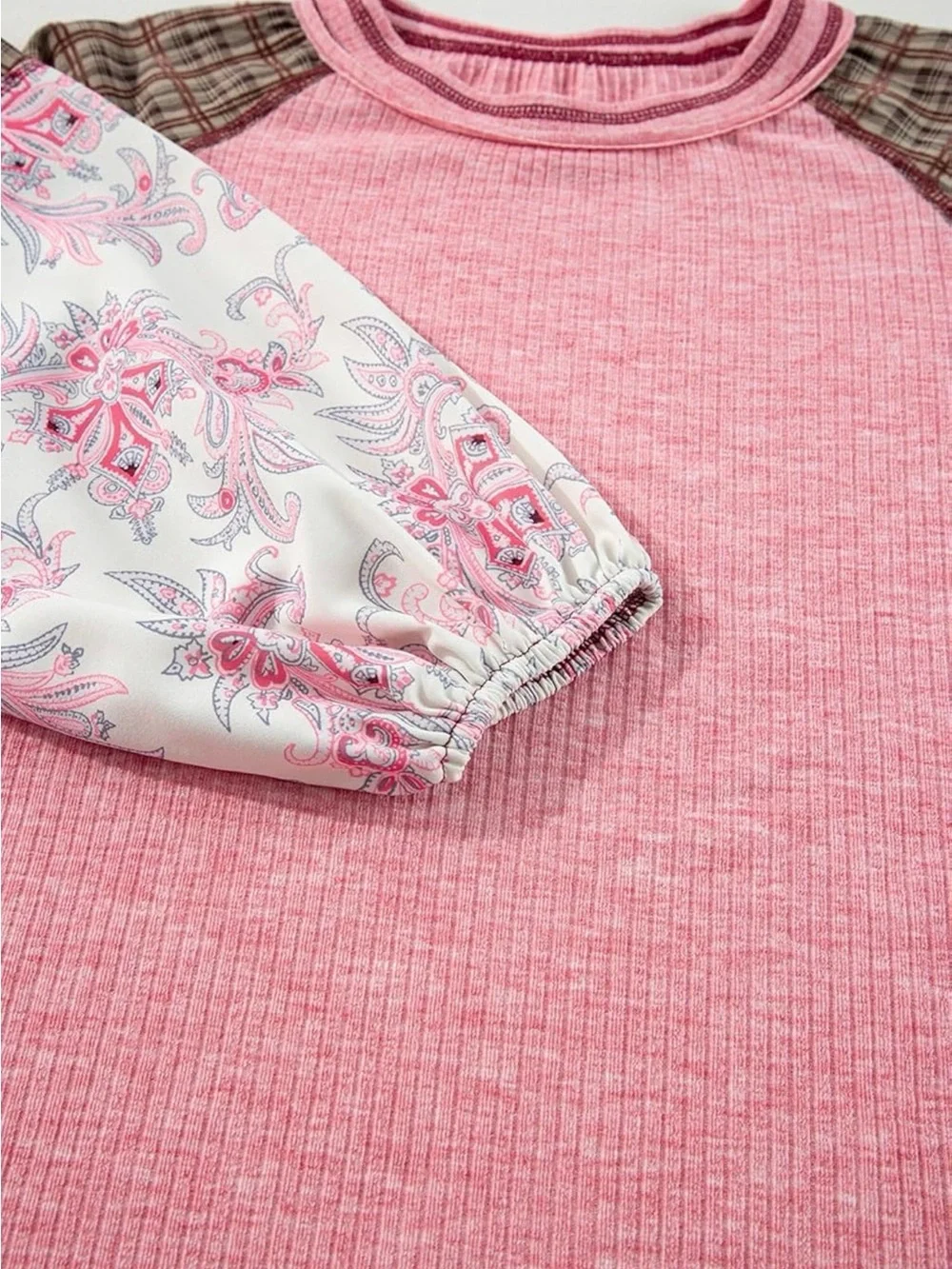 Womens Pink Patchwork Long Sleeve Top - Mixed Print Raglan
